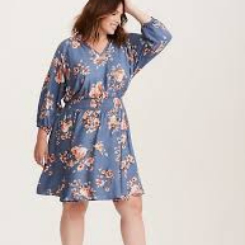 Torrid Floral Blue Floral Smocked Waist Dress